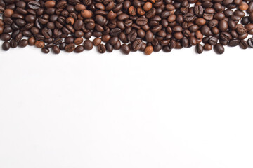 Coffee beans border on white background. Copy space for text