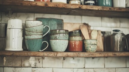 Fototapeta premium Cups, bowls, plates, utensils on wooden shelves.