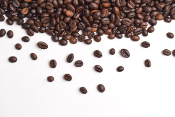 Coffee beans border on white background. Copy space for text