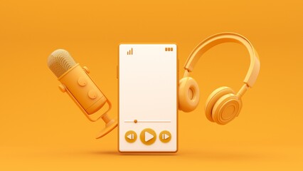 Microphone with flying notes and headphones - 3d render. Concept for online music, radio, listening to podcasts, books at full volume. Digital illustration for mobile music app, song.
