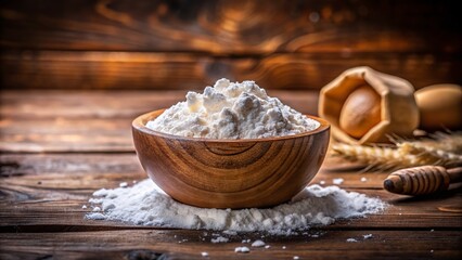 Fototapeta premium High-Depth-of-Field Photo: Wooden Bowl of White Flour - Baking, Cooking, Ingredients, Kitchen