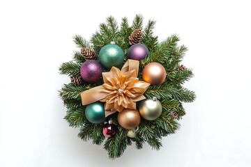 Close-Up Top View of a Christmas Fir Tree Adorned with Decorations.