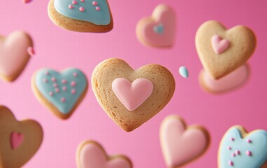 Fototapeta premium Heart-shaped cookies with pastel icing floating mid-air on a vibrant pink background