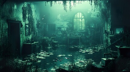 Flooded Room of an Abandoned House: Eerie, Mysterious Interior