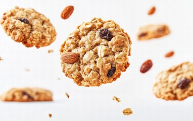 Round oatmeal cookies with nuts and raisins flying dynamically on a bright white background