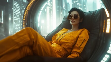 Fototapeta premium Cyberpunk Fashion: Woman in Yellow Jumpsuit