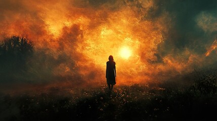 Fototapeta premium Solitary Figure in a Fiery Sunset: A Dreamlike Landscape