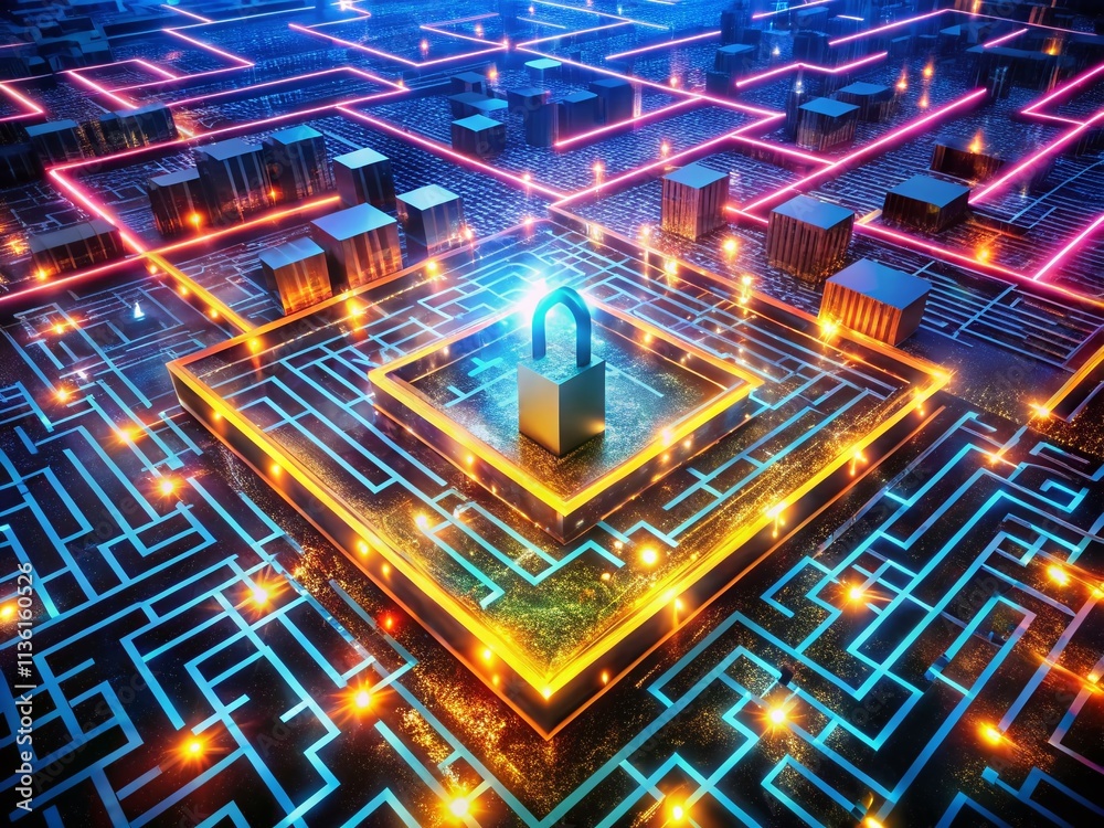 Poster high-tech encryption visualized as a complex maze of glowing lines and nodes, representing secure da