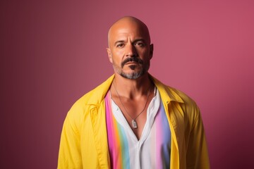 Fototapeta premium A man in a yellow jacket with a rainbow shirt and a necklace