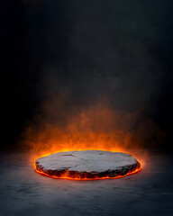 Volcanic podium erupts in fiery display dramatic landscape digital art dark environment eye-level perspective