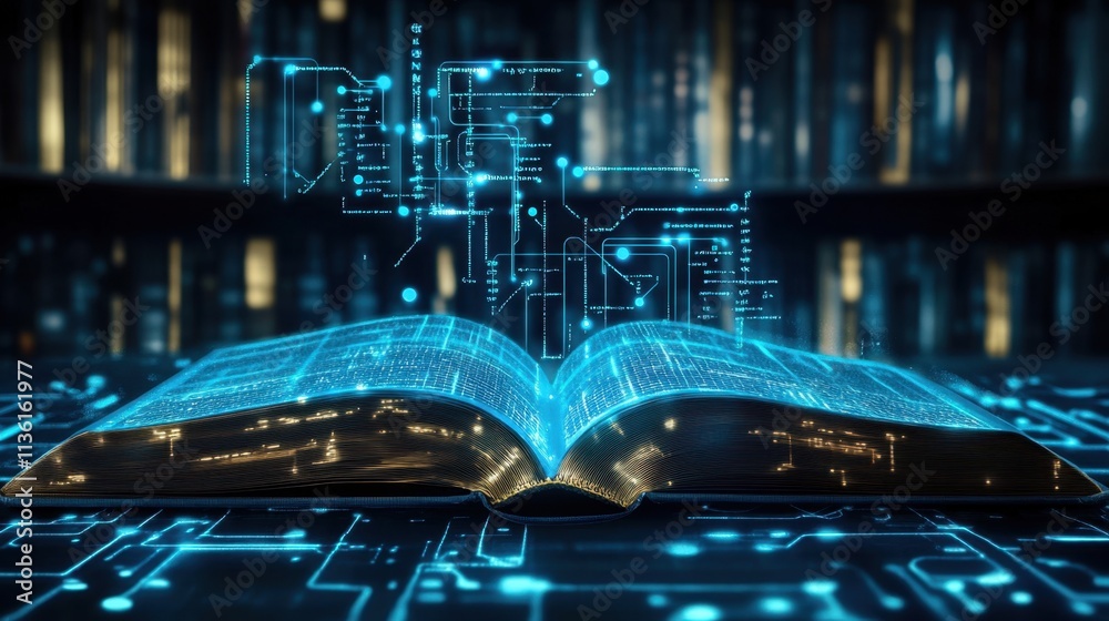 Poster open book with digital circuitry and abstract data visualization
