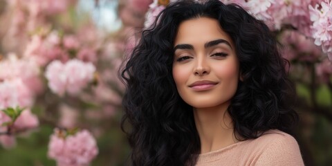 Fototapeta premium A woman with long hair is smiling in front of a tree with pink flowers. Concept of happiness and contentment