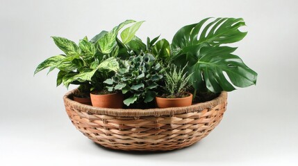 Naklejka premium A houseplant arrangement featuring trailing pothos, cacti in terracotta pots, and a large monstera in a woven basket
