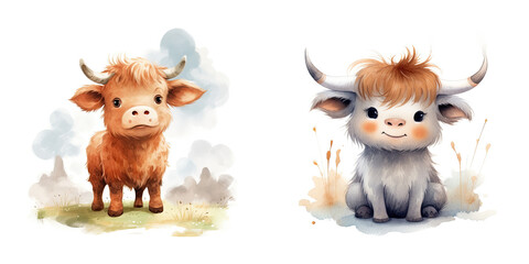 Fototapeta premium Cute cartoon cows with fluffy fur and playful expressions