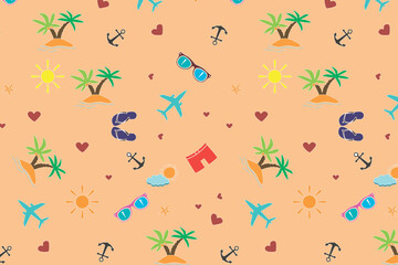 Seamless pattern. Summer, beach, love, sun, sea, palm trees. Background. Illustration. Flyer background design, advertising background, fabric, clothes, texture, textile pattern