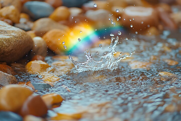 Water droplet splash on smooth stones, rainbow reflection.