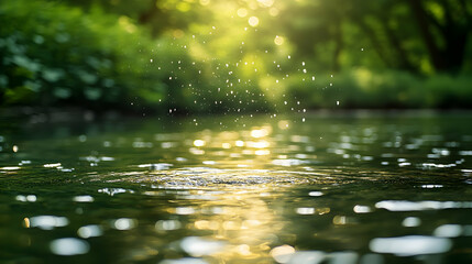 Fototapeta premium Water droplets falling on calm river surface, sunlit green background.