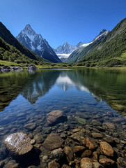 Stunning alpine lake reflecting majestic mountain peaks
