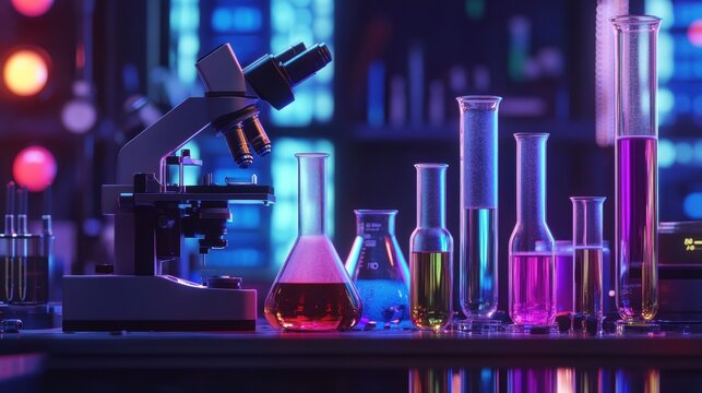 A laboratory setup with test tubes, beakers, and a microscope, styled with dramatic lighting and vivid chemical colors