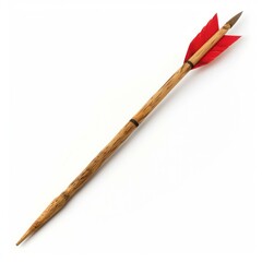 Studio shot of a wooden arrow with red feathers, isolated on white background