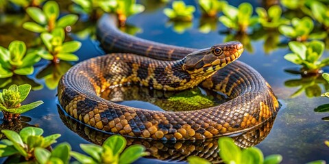 Obraz premium Illinois Water Moccasin Snake Drone Photography - Rare Sighting, Aerial View, Wetlands, Wildlife