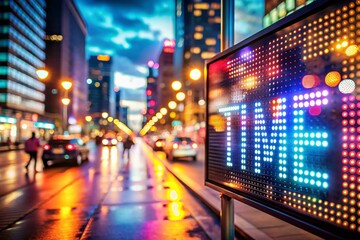 Fototapeta premium Illuminated Digital Billboard Displaying TIME in Bold LED Lights with Bokeh Effect, Showcasing Urban Nightlife and Modern Technology in a Vibrant Cityscape