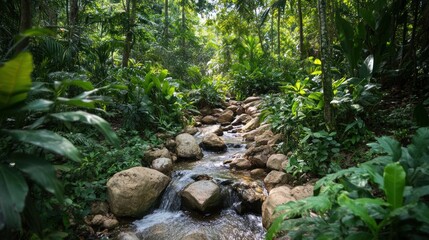 River stream flowing between large rocks in lush green jungle.