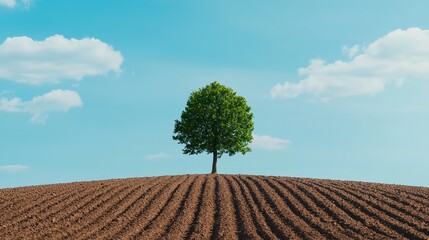 Obraz premium climate change global warming reforestation concept. Lone tree on a hill against a clear blue sky and plowed field.