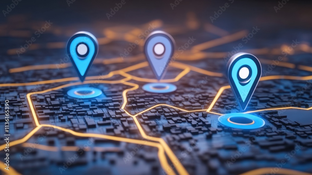 Poster digital map with location markers and navigation pathways