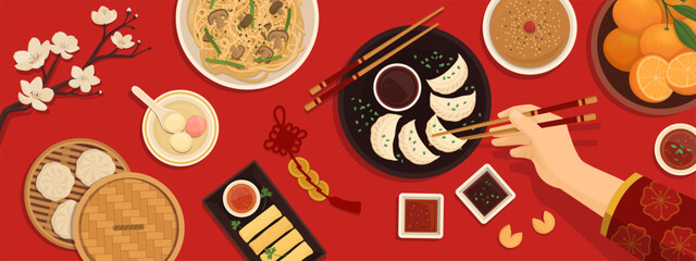 Chinese New Year celebration with traditional food