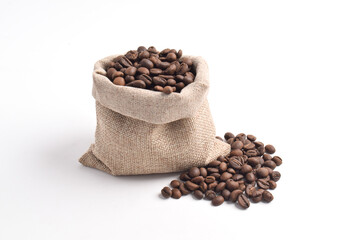 Roasted coffee bean in sack bag isolated on white background.