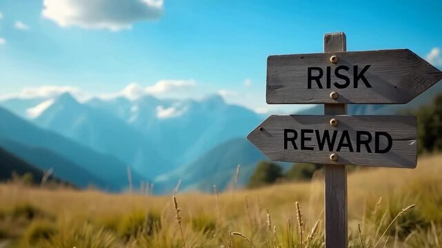 Risk and reward signpost in a crossroads setting, representing choices and consequences