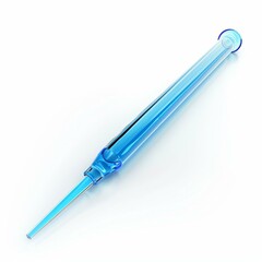 Empty blue glass pipette lying on a reflective white background, ready for use in laboratory or medical setting