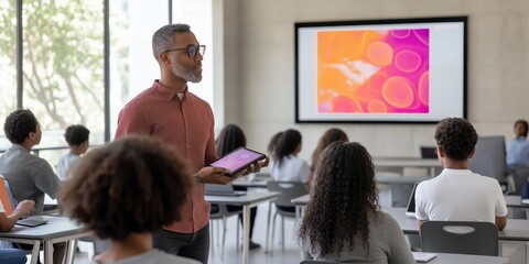 A teacher is standing in front of a group of students, holding a tablet. The students are sitting at desks, and there are several chairs in the room. Concept of learning and education