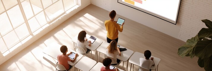 A teacher is standing in front of a group of students, with a projector screen behind her. The students are sitting at desks, with some of them using tablets. Scene is educational and focused