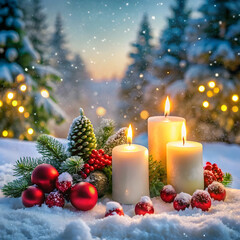 Christmas decorations with candles on a snowy