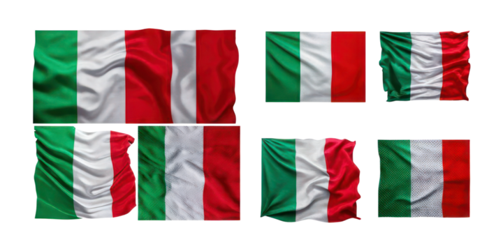 Various Italian Flags in Different Positions and Styles,PNG set collection, isolated on transparent background