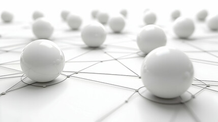 White spheres interconnected by thin lines on a white background, representing a network or connection.