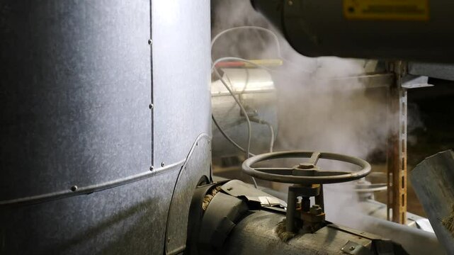 Steam escaping from a large industrial pipe with a valve rises and dissipates, showcasing the interplay of heat and pressure in manufacturing environments. Heavy industry concept. Chemical and