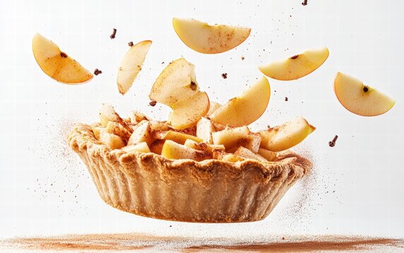 A classic apple pie with golden crust and apple slices flying mid-air with a dusting of cinnamon on a bright white background