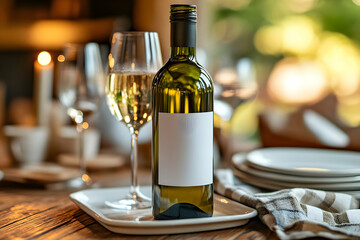 White wine bottle and glass on table.