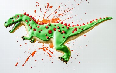 Fototapeta premium A dinosaur-shaped cookie with bold green icing and vibrant red spots dynamically hovering on a bright white background
