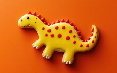 Fototapeta premium A dinosaur-shaped cookie with bright yellow icing and fun red polka dots dynamically hovering on a bold orange background