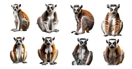 Collection of six lemurs in various poses isolated on transparent background