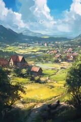 Naklejka premium Picturesque countryside village surrounded by lush greenery and blue skies.