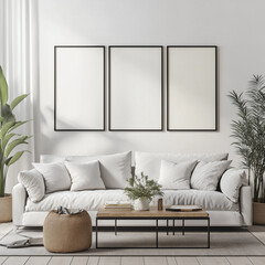 Frame mockup, ISO A paper size. Living room wall poster mockup. Interior mockup with house background. Modern interior design. 3D render