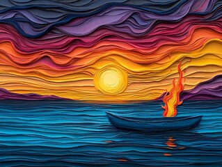 Sunset Seascape Abstract Paper Art Burning Boat Ocean Waves