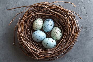 Obraz premium Easter eggs in delicate Easter tones, in a small wicker basket. On a beautiful background with space for text