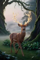 Fototapeta premium A graceful deer with glowing antlers that resemble tree branches, walking through a foggy, magical glade at dawn