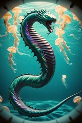 A mysterious sea serpent with luminescent patterns swimming through crystal-clear waters, surrounded by glowing jellyfish